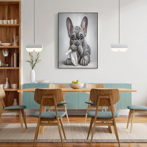 Poster Decorazione Murale Tema Animali Divertimento, Poster Murale Bulldog Francese Mordere La Carta Igienica per la Decorazione della Bagno Soggiorno del Sala da Pranzo, 16x24 pollici Senza Cornice