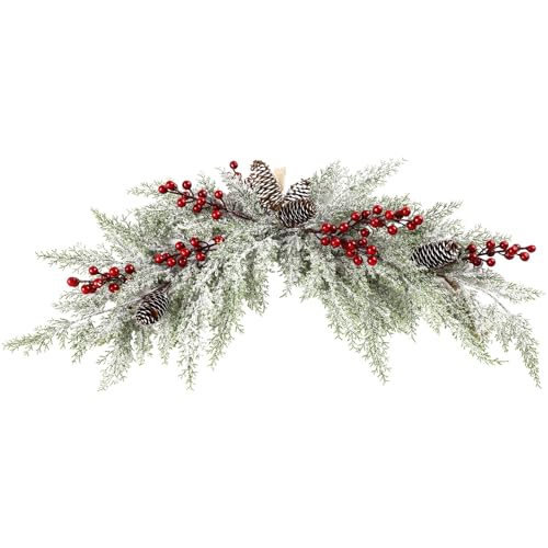 SHACOS 27" Christmas Frosted Cedar Swag with Pine Cones Red