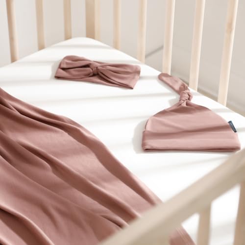 Image of GRSSDER Newborn Swaddle Blanket, Ultra Soft Jersey Receiving Blanket with Matching Headband and Beanie Set 33x44 inch, Stretchy Baby Neutral Swaddle Wrap for Girls and Boys