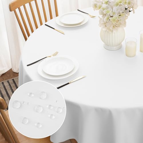 Softalker manteles Redondo 120 cm de diámetro Blanco Antimanchas manteles Exterior Impermeable de 210 gsm poliéster, Lavables, Protege la pequeños Mesa Comedor para Sala de Estar,Cocina,Salon,1 Pieza