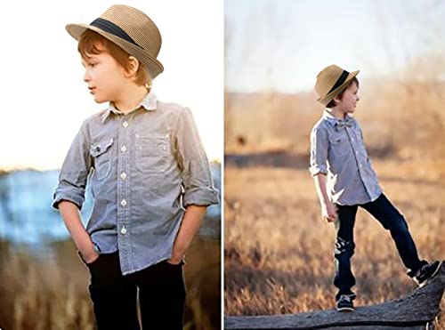 Kids Fedora Straw Sun Hat Short Brim Beach Outdoor Panama Trilby Cap Sun-Hats For 6-10 Years Khaki #TOP4