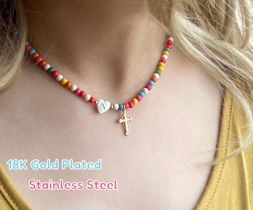 Sanyaa Cross Initial Heart Necklace Colorful Beaded First Communion Baptism Easter Gifts Choker Necklace (Cross #1, E) by Sanyaa - Used condition - Image 2