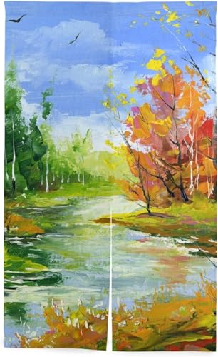 のれん 秋の森 油絵 絵画 川 河川 自然風景 暖簾 カーテン おしゃれ 間仕切り 遮光 目隠し ロング 断熱 つっぱり棒 突っ張り棒 伸縮棒付き 86*143cm インテリア 喫茶店 居酒屋 飾り付け 装飾 34x56inch