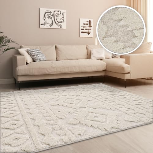 TT Home Alfombra Habitación Salon Dormitoro Pelo Largo Moderna Estilo Nordico Boho Chic 3D Monocromo, Color: Beige,...