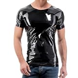 Latex Rubber T-Shirt for Men,Black Latex Crew Neck Top Handmade Short Sleeves M
