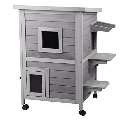 Aivituvin 2-Story Outdoor Cat House Indoor Wooden Kitty Condo with Escape Door