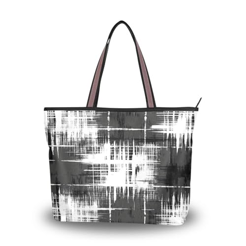 Ewusp Bolso de mano de lona con cremallera para mujer, color negro y blanco, para viajes, compras, trabajo, a, 17.72' L x 13.0' H x 5.2' W