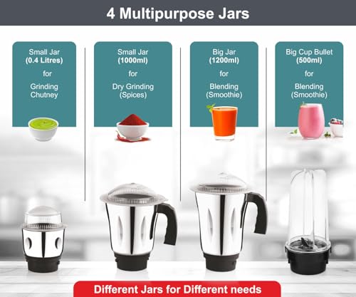 Image of SETSAIL Mixer Juicer Grinder with 4 Jars Nutri bullet for Smoothie Maker Attachment 600 Watt Stainless Steel Blades for Wet and Dry Grinding & Blending Kitchen Tool (Red) 1 Year Warranty