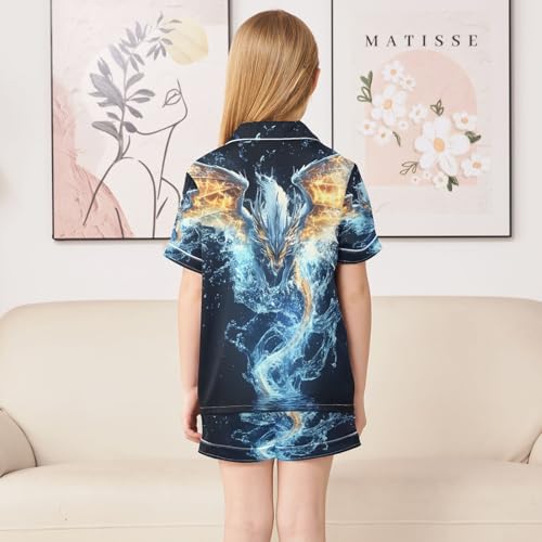 ALAZA Dragon Fantasy Blue Satin Pajamas Set Short Sleeve Button Down Sleepwear Summer Pjs 2 Piece4
