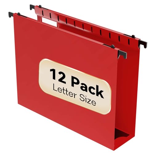 Nordun Plastic Hanging File Folder Extra Capacity,12 Pack Reinforced Hang Folders with Heavy Duty 2 Inch Expansion,Filing Cabinet Folders Letter Size,Hanging Organizer Designed for Bulky Files(Red)