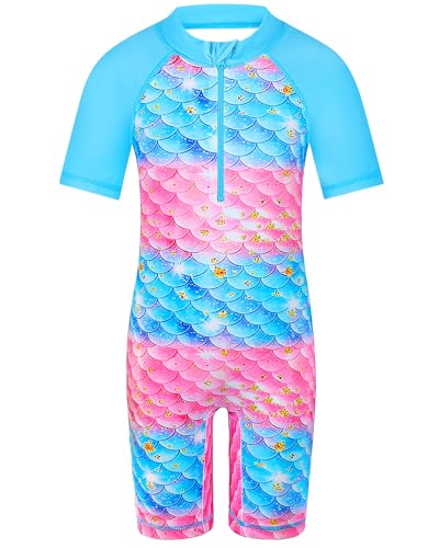 Image of TFJH E Short Sleeve Girls Swimsuits UV 50+ One Pieces Bathing Suits Zipper 2-14Y