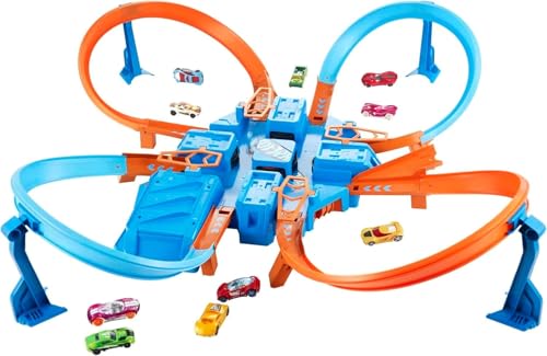 Image of Ultimate Hot Wheels Crashing Action with the Criss Cross Crash Track Set! [Amazon Exclusive] & Set Of 10 1:64 Scale Toy Trucks And Cars For Kids And Collectors (Styles May Vary) [Amazon Exclusive]