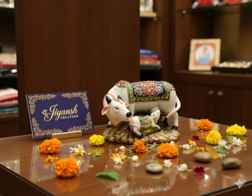 Image of JIYANSH Creation Kamdhenu Cow and Calf Statue for Home Decor - Handcrafted Polyresin Marble Finish Vastu Showpiece for Living Room Pooja Mandir - Large 6 Inch (White Gold)