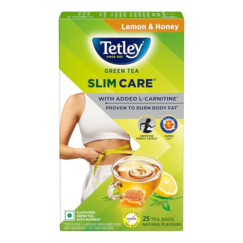 Image of Tetley Green Tea Slim Care, With Added L-Carnitine, Helps Burn Body Fat, Boosts Energy, Low Calories, Delicious Natural Lemon and Honey Flavours, Makes 25 cups