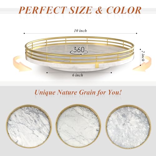 Image of White Marble Lazy Susan Turntable for Table Top - 10 inch Round Marble Tray Organizer for Bathrroom, Vanity, Dining Table, Kitchen Countertop & Bar, Luxury Stone Serving Tray with Gold Frame