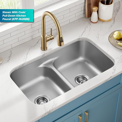 Image of KRAUS Premier 32-inch Undermount 50 /50 Double Bowl Low Divider 18-Gauge Stainless Steel Kitchen Sink with Strainers (x2), KBU32
