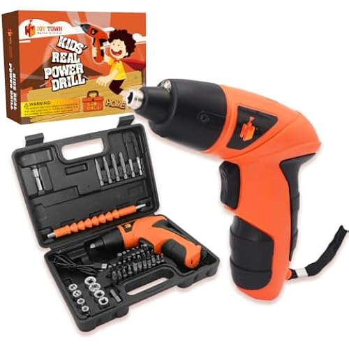 JoyTown Kids Real Power Drill Set – Electric Cordless Drill Tool Kit for Children with Interchangeable Bits, Flexible Shaft, Rechargeable, Carrying Case, Learning Tools for Boys & Girls Home DIY