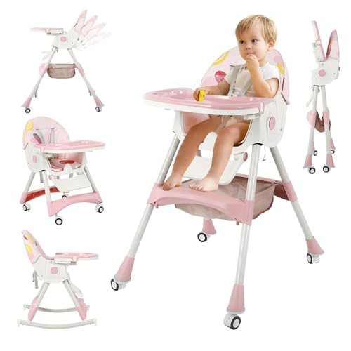 Image of 6 in 1 Baby High Chair Foldable Portable High Chairs for Babies and Toddlers Adjustable Height and Backrest with Footrest and Wheels