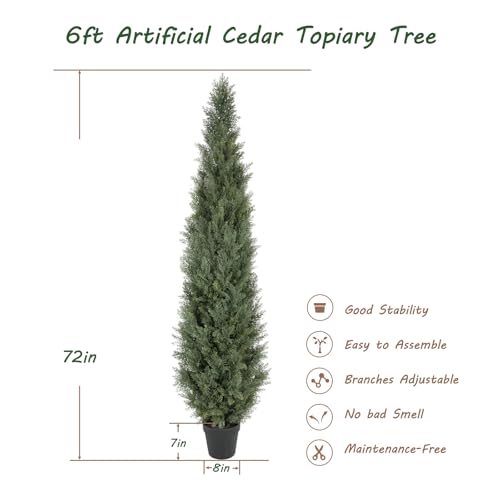 Image of Bellacat 6ft UV Resistant Artificial Topiary Trees Outdoor, 72in Faux Cedar Tree with Full & Realistic Leaves, Fake Cypress Tree for Front Door Proch Patio Deck Balcony Yard Decor