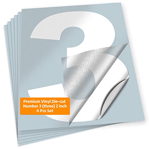 iSYFIX White Vinyl Number 3 (Three) Stickers, 2 Inch, 6 Pack, Self Adhesive