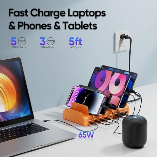 Image of 300W Charging Station for Multiple Devices, 8 Port Multi USB C Fast Charger Station Dock for MacBook iPhone 16 /15 /14 /13 /12 Samsung Pixel Series iPad, Orange (6 Mixed Short Cables Included)