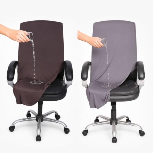 Image of Premium Elastic Boss Chair Cover with Armrest Covers | Stretchable Polyester Slipcover | 1-Seater Office Chair Protector | Fits Chair Back Height 71-76cm | Combo (Coffee & Grey)