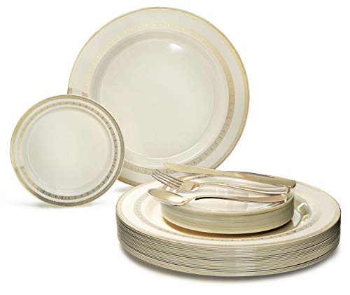 " OCCASIONS " 125pcs set (25 Guests)-Wedding Plastic Plates & cutlery -Disposable heavyweight Dinnerware 10.5'', 6.25'' + Gold Silverware (Lace Ivory & Gold)