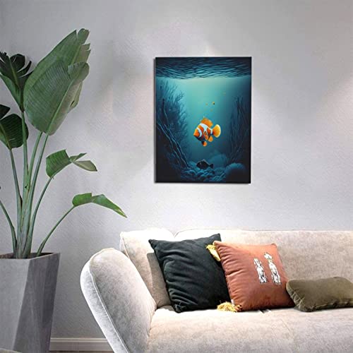 Funny Bathroom Wall Art , Lonely Tropical Fish Pictures Wall Decor, Modern Orange And White Animal Bedroom,Dining Room Wall Posters, Cute Canvas Bathroom Art Wall Prints For Kids (12X16 Inch, Framed) #TOP3