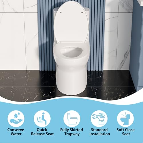 Kichae One-Piece Elongated Toilet, Dual Flush 1.1/1.6 GPF, 14 3/8\" Wide Soft-Close Seat, 16\" Comfort Height, Powerful & Quiet Flush, Elegant Standard Toilet for Bathroom, 12\" Rough-In, White - Thumbnail 2