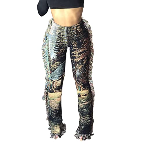 NIFTRIRY Women Hippie Tassel Pattern Printing Elastic Pants