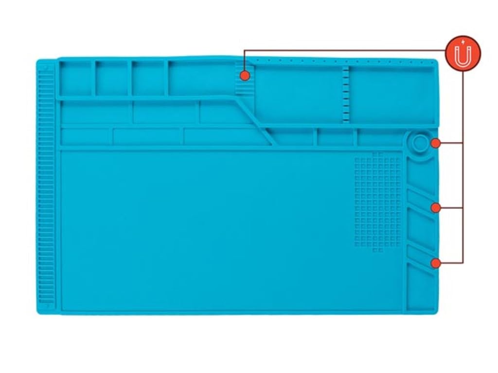 Velleman Silikonowa mata lutownicza odporna na wysoką temperaturę, 550 x 350 mm, 500 C, do naprawy elektroniki, przegródki, strefy magnetyczne, niebieska
