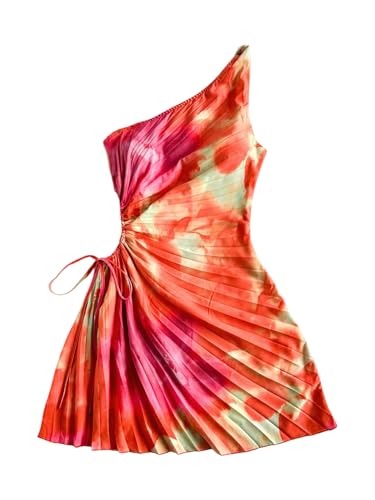 Floerns Women's Floral Sleeveless One Shoulder Drawstring Ruched Vacation A Line Dresses