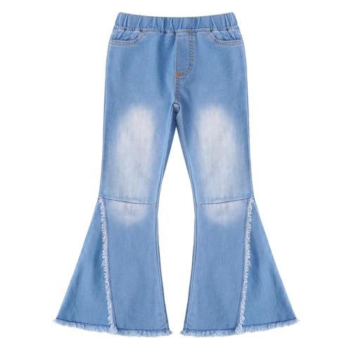 Kids Girls Elastic Waist Flare Jeans Ripped Fitted Denim Pants Raw Hem Bell Bottom Pants Casual Trousers3