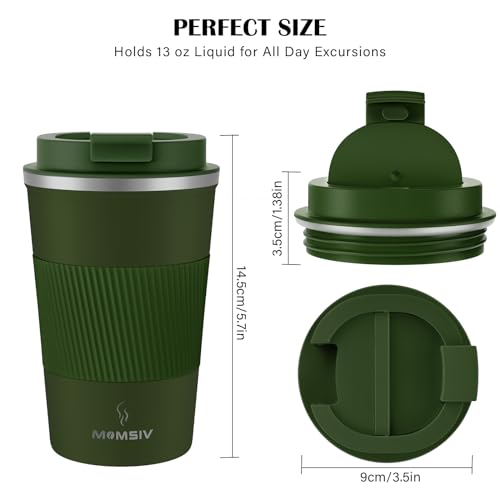 MOMSIV 12oz Travel Mug, Insulated Coffee Cup with Leakproof Lid, Vacuum Stainless Steel Double Walled Reusable Tumbler for Hot and Cold Water Coffee and Tea In Travel and Car Armygreen 380ML