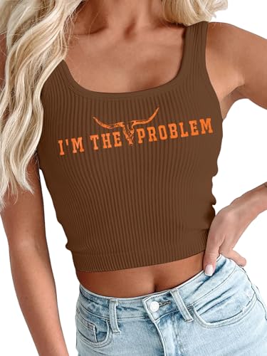 Western Tops for Women Country Concert Outfits Cowgirl Shirts Im The Problem Tee Country Music Tank Top Brown