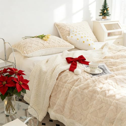 QOFLY Manta de Forro Polar, Manta de Franela, 150 x 200 cm, con Pompones, Monocolor, Manta de sofá, Manta mullida, Manta de Microfibra, Colcha XL, Color Beige