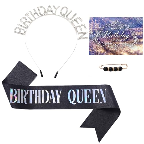 Birthday Queen Sash,Happy Birthday Decorations for Women Black With Iridescent Foil Sash & Rhinestone Crown Tiara Headband & Pearl Pin & Card for 18th 21st 30th or Any Other Party