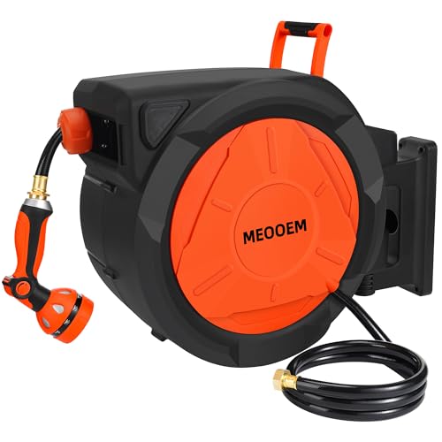 Top Rated Retractable Garden Hose Reel for Heavy Duty Outdoor Use 1/2 Inch 150FT Retractable Garden Hose Reel Wall Mounted Heavy Duty, 10 Pattern Nozzle & 180°Swivel Bracket, Automatic Rewind Water Hose Reels for Outside Yard, Any Length Lock (3/4
