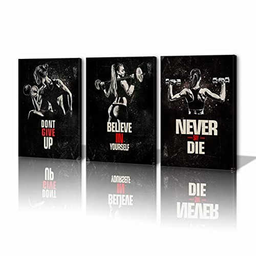 Kawahone 3 Panels "Dont Give Up" Motivational Quotes Exercise Wall Art Woman Weight Bodybuilding Lifter Inspirational Canvas Wall Art Sports Fitness Art Print For Training Gym Weight Room Home Decor-16" X 24" X 3 Pcs #TOP14