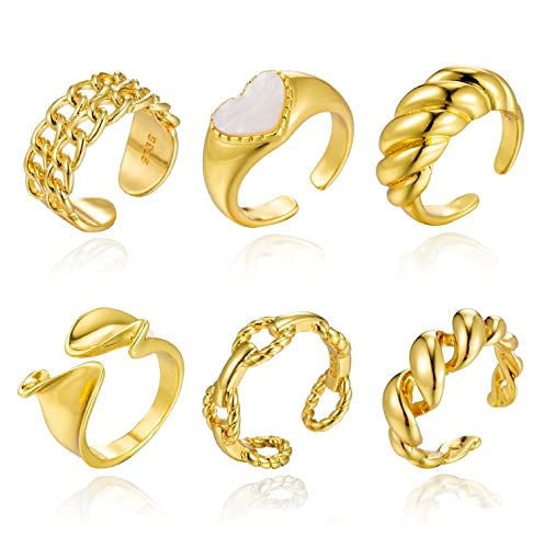 Moszandi 6Pcs Chunky Rings for Girls Women 18K Gold Plated Rings Set for Women Trendy Braided Twisted Dome Heart Signet Rings Adjustable Open Rings Statement Jewelry