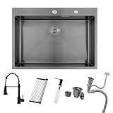 BoomHoze Lavello Nero Antracite 75 x 45 cm + Rubinetto cucina con Doccetta Estraibile Grigio Nero, Lavello Cucina con Gocciolatoio e Sifone, Lavello Cucina 1 Vasca Quadrata, Lavello Incasso con 2 Fori