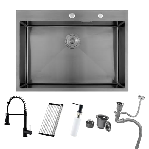 BoomHoze Évier Noir Anthracite 75 X 45 Cm Avec Robinet De Cuisine Extensible Gris Noir, Égouttoir Et Siphon - 1 Bac Carré Encastré Avec 2 Trous