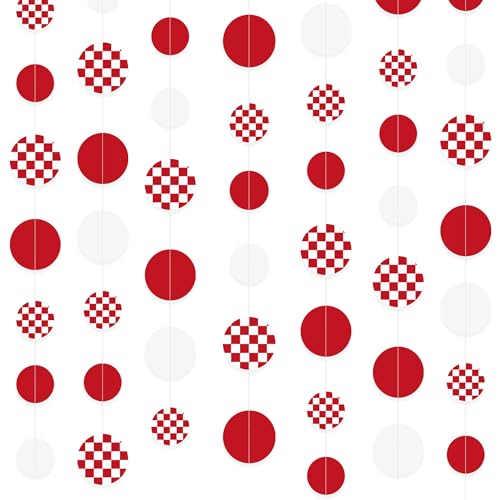 Image of Red Party Decorations White Red Checkered Circle Dots Streamer Hanging Paper Polka Dot Garland for Birthday Wedding Shower Bachelorette Christmas Carnival Circus Picnic Party Decorations Supplies