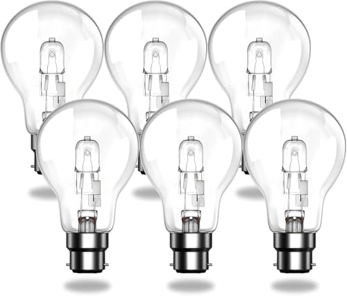 Bonlux 42W B22 Bayonet Light Bulbs,A60 Globe Dimmable Bayonet Cap Light Bulbs,220V,2700K Warm White Clear A-Shaped B22 Bulbs, 2000 Hours Long Life,613 Lumens Output,6-Pack