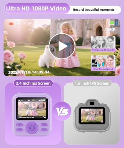 Image of Kids Camera Instant Print for Boys and Girls, 48MP HD Cameras w /1080P Video, Print Paper, 32GB Card, Brush, Christmas Birthday Gifts Toys for Toddler and Teenagers Age 3-16 Years Old (Purple)