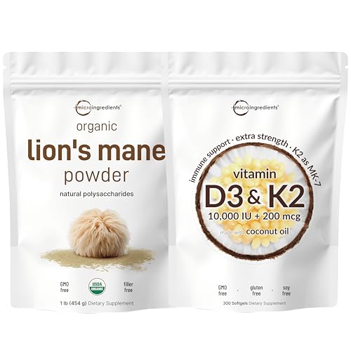 Micro Ingredients Vitamin D3 10,000iu + K2 200mcg Coconut Oil Softgels & Lions Mane Mushroom Supplement Powder Bundle 2 Pack | Essential Sunshine Vitamins | Natural Superfood for Brain, Ener