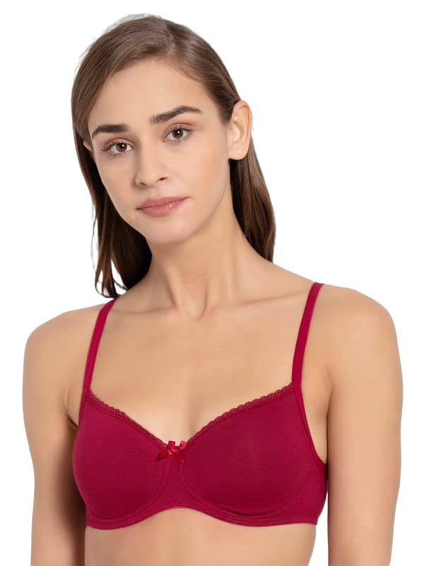 Image of Jockey Women's Wirefree Padded Super Combed Cotton Elastane Stretch Medium Coverage Lace Styling T-Shirt Bra with Adjustable Straps (Pack of 1) (32B, Beet RED)