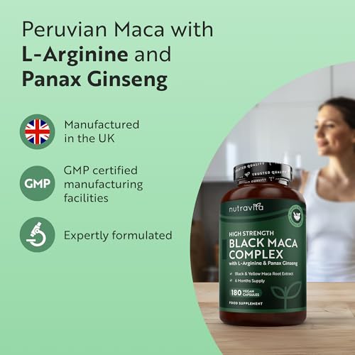 Nutravita Super Haute Résistance Maca Gélules Fort Dosage 5000 mg avec Ginseng & L-Arginine & Vitamines - 6 mois - 180 Capsules de Maca Root Vegan