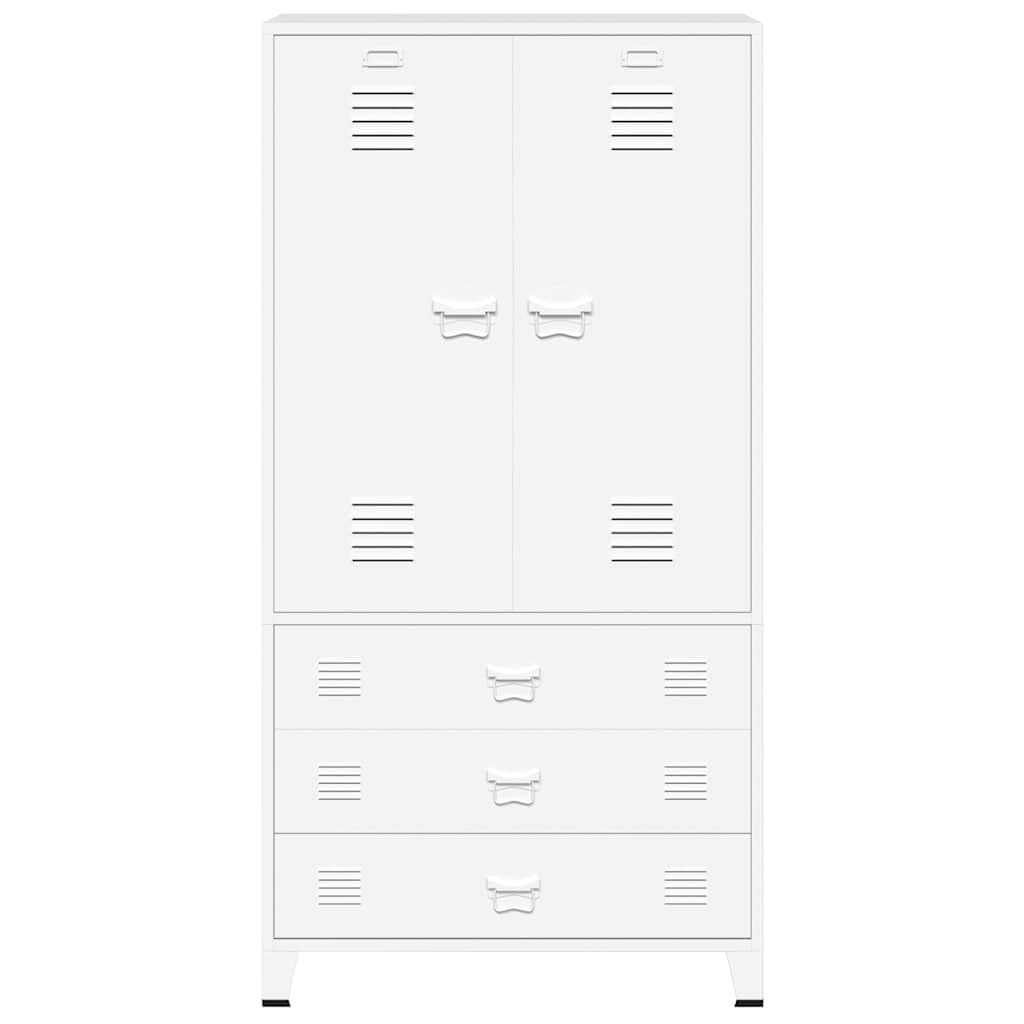 Armario industrial blanco 90 x 50 x 180 cm de metal con 2 estantes, barra para colgar, rejillas de ventilación, soporte para placa de nombre, soporta hasta 85 kg, ideal para dormitorio