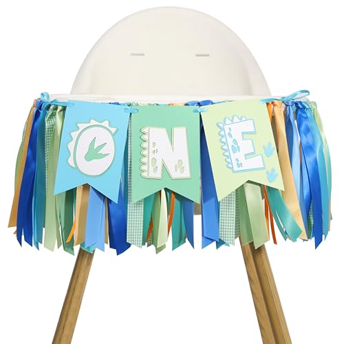 Little Dino Birthday 'One' High Chair Banner - Dinosaur First Birthday Party Decorations, Green Blue Ribbon Garland, Boy First Banner, Dinosaurs Tutu Smash Cake Photo Prop